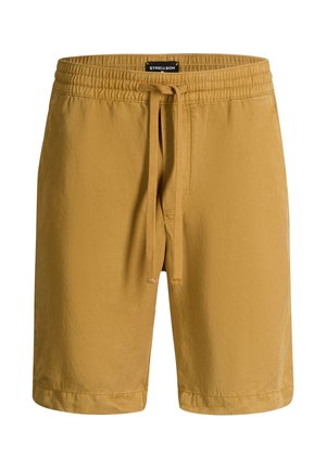 Jasnobrązowe męskie casualowe szorty z elastycznym pasem, sznurkiem do wiązania i prostym wykończeniem, z oznaczeniem "Strellson" na wewnętrznej stronie pasa.