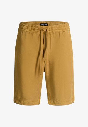 Lichtbruine casual herenshorts met elastische tailleband, trekkoord en rechte zoom, met het label "Strellson" aan de binnenkant van de taille.