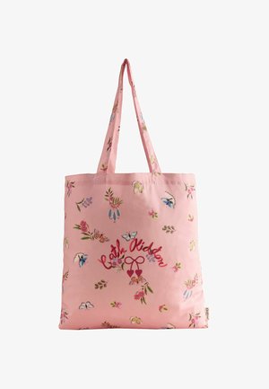 Pink tote bag with floral and butterfly patterns, featuring the red cursive text "Cath Kidston" and two heart shapes below it.