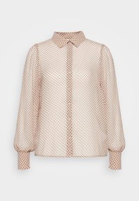 Blusa leggera rosa chiaro, trasparente, con motivo a pois di rosa scuro. Con colletto, maniche lunghe a sbuffo e chiusura con bottoni davanti.