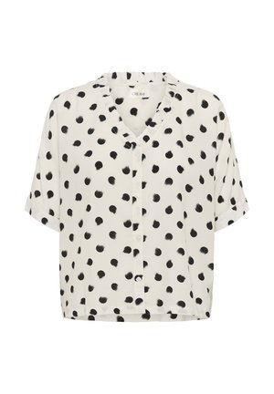 Kurzärmlige, kurzes Bluse in Creme mit Knopfleiste, die ein schwarzes Punktmuster und einen Rüschenausschnitt aufweist.