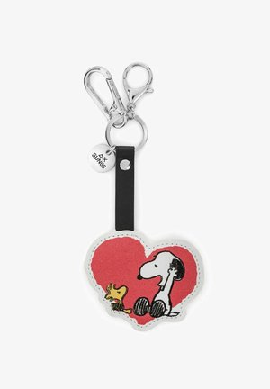 Portachiavi a forma di cuore, rosso con contorno bianco, con Snoopy e Woodstock. Include una cinghia nera e un gancio in metallo argentato.