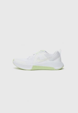 White athletic shoes with textured mesh upper, lime green accents on the sole and laces, and a rounded toe design for flexibility.