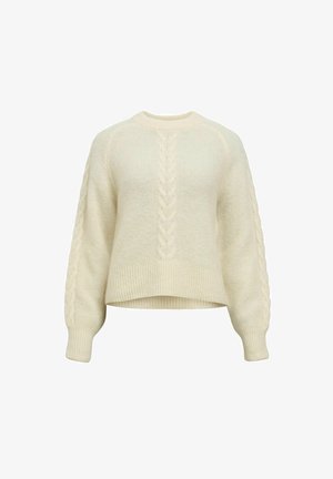 Kræmfarvet sweater med rund halsudskæring, kabelstrik mønster ned langs midten og ribbede manchetter. Blødt, tekstureret stof, cropped pasform.