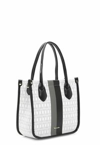 Sac cabas blanc avec des rayures verticales noires et grises, des poignées noires et un motif logo subtil répétitif sur le tissu.