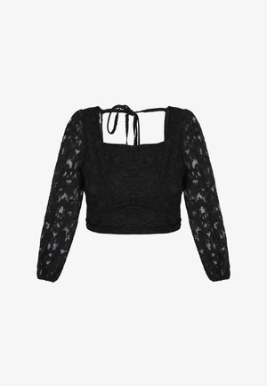 Fekete, rövid fazonú blúz áttetsző, hosszú csipkés ujjakkal, négyzet alakú nyakkivágással és hátrahúzható megkötővel.