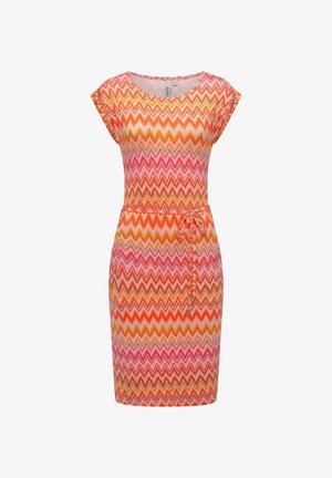 Robe courte avec un motif en zigzag dans des teintes rose, orange et jaune ; manches courtes et détail de lien à la taille. Fabriquée en matière extensible.