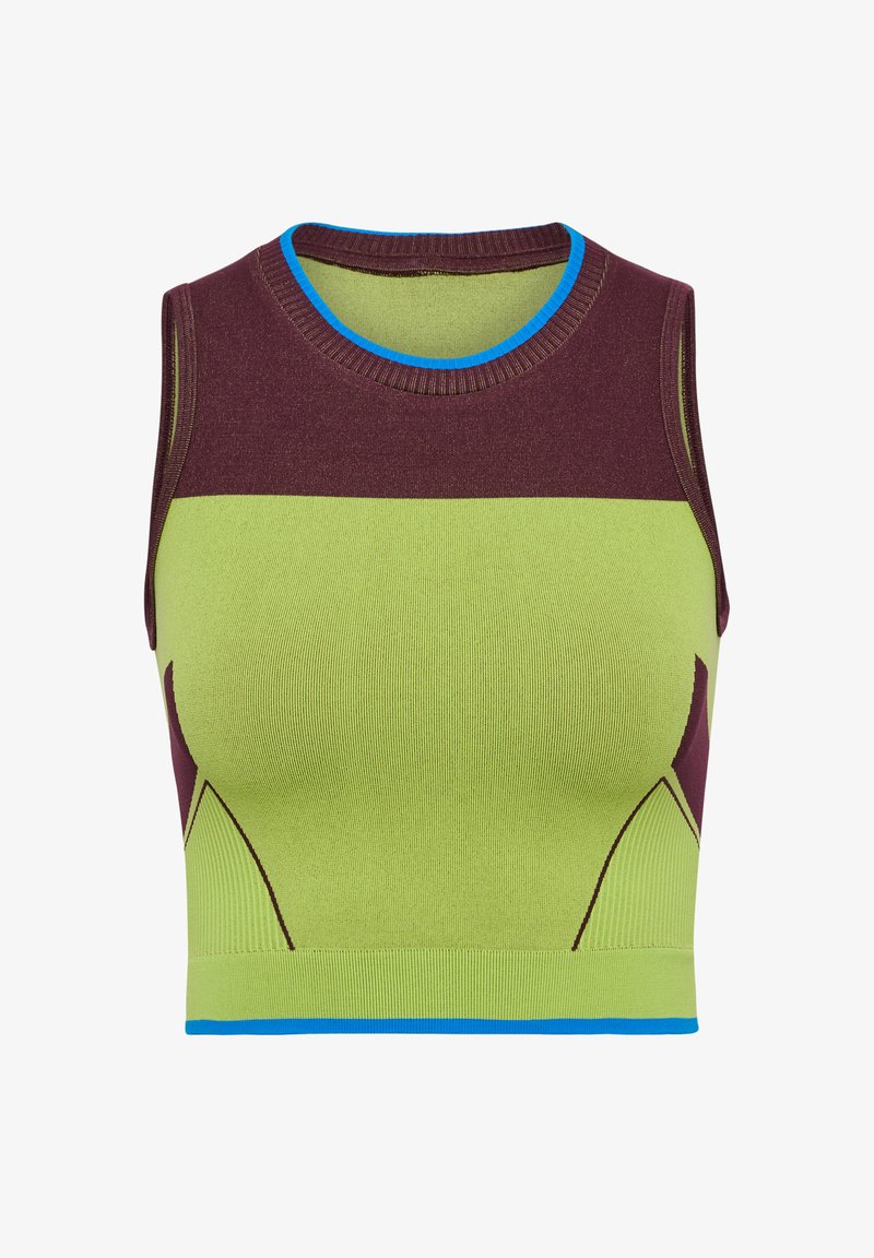 Ärmlös kort topp i grön med mörkröda och blå accenter. Har ribbad textur och en åtsittande design med kontrasterande färgblock.