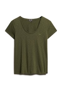 Camiseta de manga corta en color verde oliva con escote redondeado, hecha de una tela suave. Presenta un pequeño logo de la marca en el pecho.