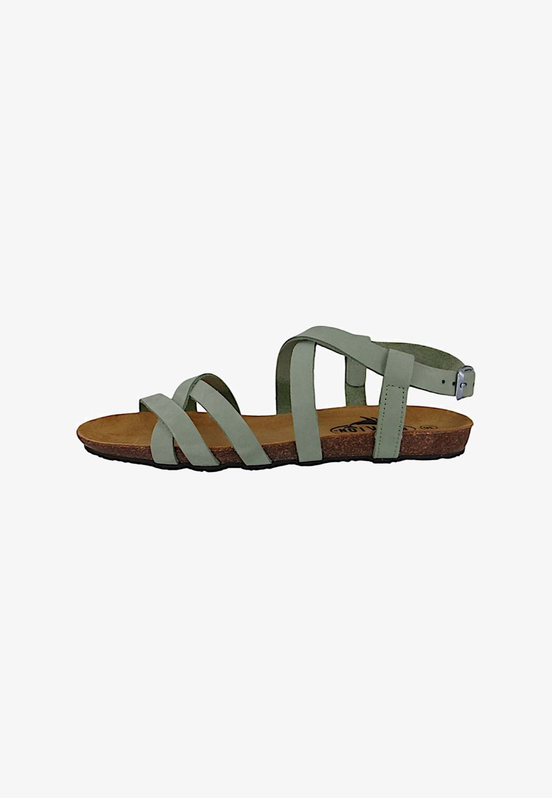 Green leather sandal with multiple crisscross straps, a cushioned brown footbed, and a buckle ankle strap. Flat sole with textured detailing.