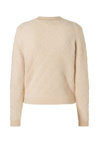 Beige Fleece-Pullover mit einem Rhombenmuster, langen Ärmeln und gerippten Bündchen. Verfügt über eine weiche, strukturierte Oberfläche und ein Rundhals-Design.