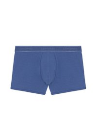Blå boxershorts med en mjuk textur, med ett elastiskt midjeband som har ett varumärke. Skurna med en frontficka och raka benöppningar.