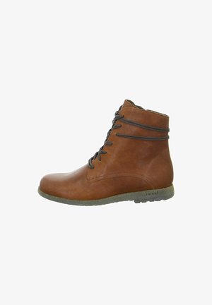 Braune Leder-Ankle-Boots mit runder Zehenform, Schnürdesign und grauen Akzenten. Strukturierte Oberfläche, flexible Gummisohle, mit Markenzeichen.