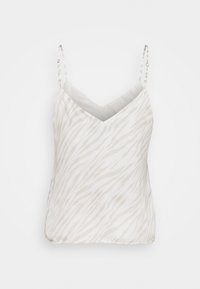 Satin spetstopp i off-white med ett subtilt beige zebramönster, med justerbara spagettistropper och V-ringning.