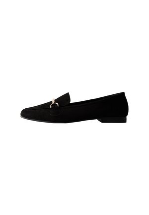 Sorte loafers i ruskind med et elegant design, der har en lille guldfarvet detalje på overdelen og en lav, rund hæl.