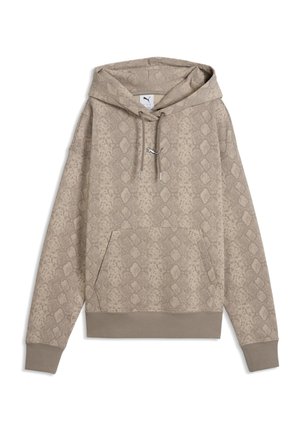 Sudadera con capucha beige con estampado de serpiente, bolsillo tipo canguro delantero, cordones y pequeño logo de Puma en el pecho.