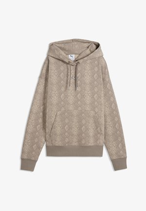 Sudadera con capucha beige con estampado de serpiente, bolsillo tipo canguro delantero, cordones y pequeño logo de Puma en el pecho.
