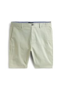 Shorts en coton vert clair avec une fermeture à bouton, deux poches latérales et une ceinture intérieure contrastante. Texture lisse et coupe ajustée.