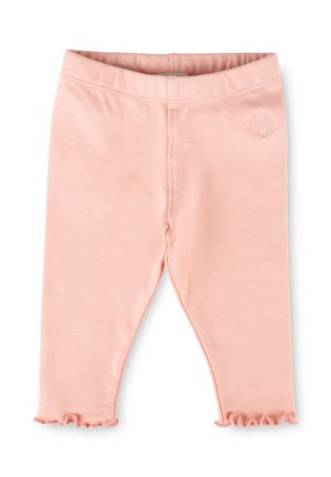 Weiche Baby-Leggings in zartem Rosa mit gerafftem Saum und einem kleinen gestickten Logo in der Nähe des Taillenbunds auf der rechten Seite.