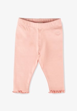 Weiche Baby-Leggings in zartem Rosa mit gerafftem Saum und einem kleinen gestickten Logo in der Nähe des Taillenbunds auf der rechten Seite.