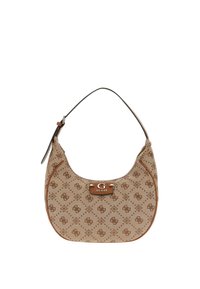 Bolso de mano beige estiloso con una silueta curva, que presenta un detalle de logo y un patrón decorativo en marrón, perfecto para looks casuales o chic.