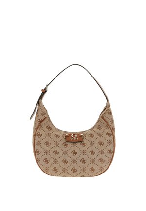 Elegante borsa beige con silhouette curvata, caratterizzata da un dettaglio del logo e un motivo decorativo marrone, perfetta per outfit casual o chic.