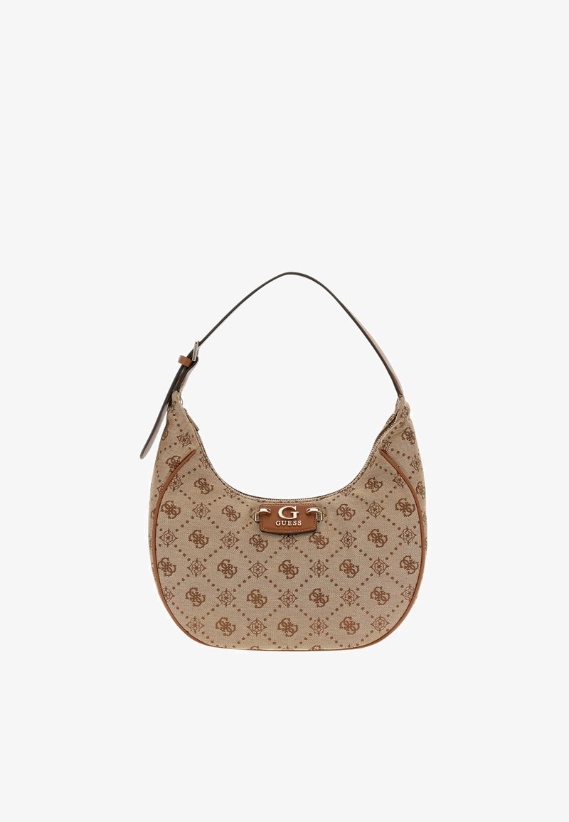 Elegante borsa beige con silhouette curvata, caratterizzata da un dettaglio del logo e un motivo decorativo marrone, perfetta per outfit casual o chic.