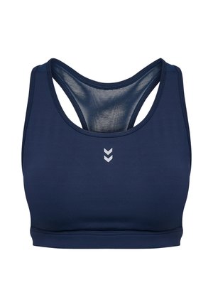 Donkerblauwe sportbeha met een gladde textuur, afgewerkt met een racerback-ontwerp en een wit logo aan de voorkant. Rekbare stof voor comfort.