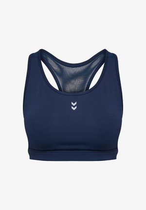 Granatowy stanik sportowy o gładkiej fakturze, z konstrukcją typu racerback i białym logo z przodu. Rozciągliwy materiał dla komfortu.