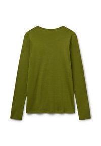 Košile s dlouhým rukávem a kulatým výstřihem v olivově zelené barvě, zobrazená ze zadu na bílém pozadí.
