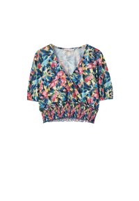 Top court à motif floral avec un décolleté en V, des manches courtes ballon et un ourlet élastiqué froncé. Fabriqu�é dans un tissu doux aux couleurs vives.