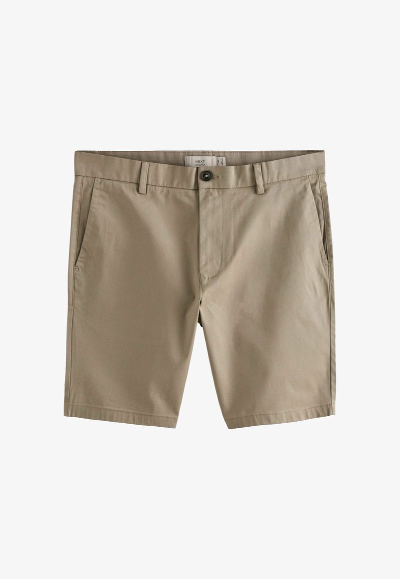 Shorts beige décontractés avec passants de ceinture, fermeture avant à boutons et poches latérales, en tissu léger.