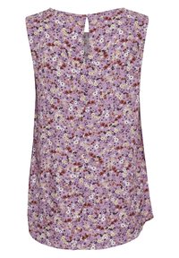 Linned ærmeløs bluse i lavendel med et blomsterprint i hvid, gul og mørkerød. Har en nøglehulryg med en knaplukning.