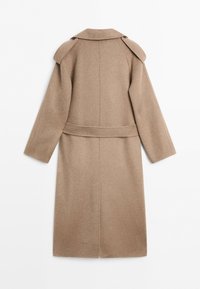 Long beige wool coat with shoulder epaulettes and a waist belt, shown from the back against a plain white background.