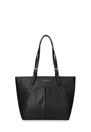 Borsa tote in pelle nera con due lunghe tracolle regolabili, doppia tasca frontale e piccolo logo "pierre cardin" centrato sopra le tasche.