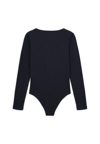 Body a maniche lunghe di colore blu navy con scollatura a girocollo e chiusura a scatto sul fondo; texture liscia e design aderente con gamba alta.