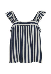 Blouse rayée marine et blanche avec bretelles à volants, design plissé et coupe décontractée. Fabriquée en tissu léger à la texture douce.