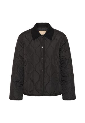Veste noire matelassée avec un motif de surpiqûres ondulées, col en velours côtelé, et fermeture avant à boutons-pression, présentée sur fond blanc.