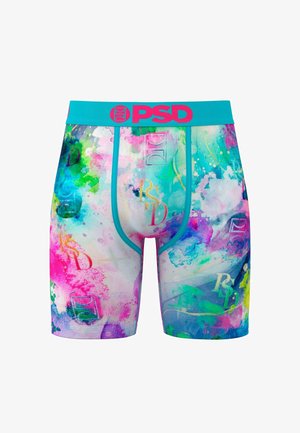 Boxer briefs da uomo con un vivace motivo ad acquerello in rosa, blu e verde, una vita turchese e il logo 'PSD'.