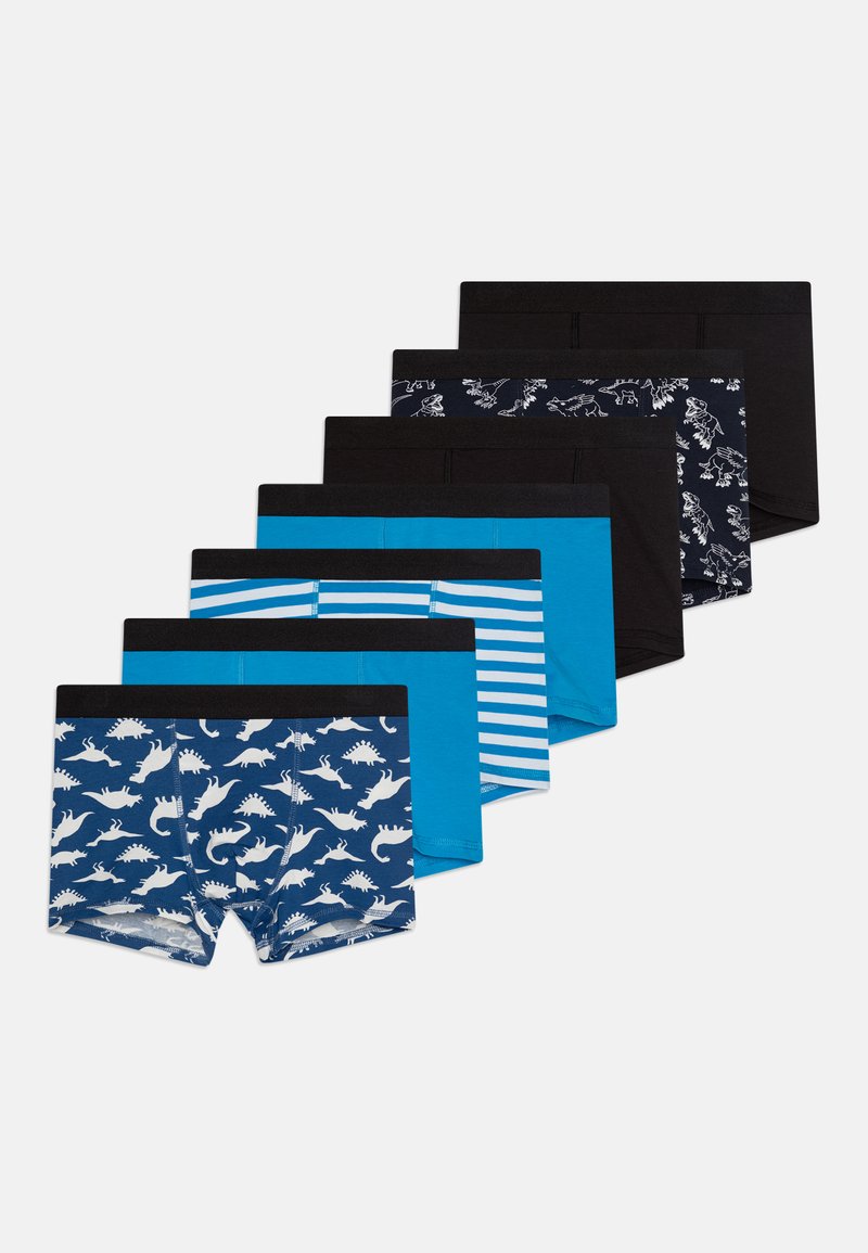 Set di sette mutandine boxer per ragazzi con design blu, nero e a fantasia. Include stampe di dinosauri, righe e colori uniti. Tessuto morbido.