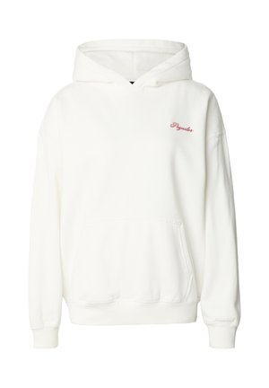 Weißer Kapuzenpullover mit Kängurutasche. Verziert mit rotem, gesticktem Text "Pygador" auf der Brust. Weicher Stoff, gerippte Bündchen und Saum.