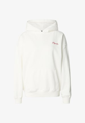 Weißer Kapuzenpullover mit Kängurutasche. Verziert mit rotem, gesticktem Text "Pygador" auf der Brust. Weicher Stoff, gerippte Bündchen und Saum.