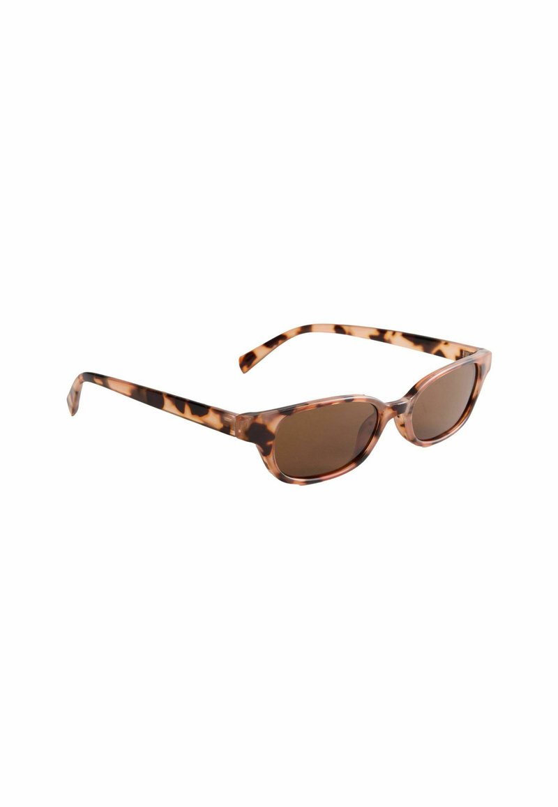 Gafas de sol carey con lentes marrones. Presentan un marco ovalado retro y brazos delgados, fabricados en material plástico ligero.