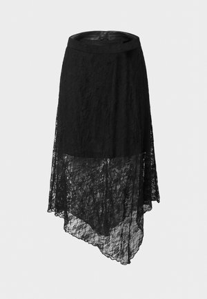 Black lace skirt with an asymmetrical hem, featuring a solid opaque mini skirt underneath and a sheer lace overlay extending below.