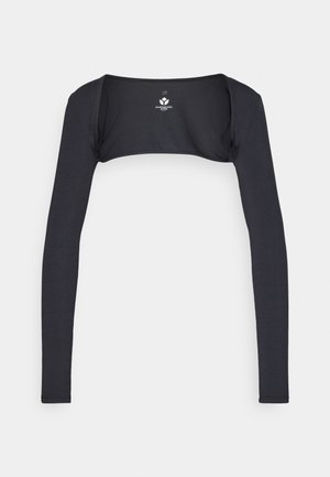 Schwarzes, kurz geschnittenes Langarmshirt aus glattem Stoff mit figurbetontem Design, weitem Ausschnitt und minimalen Nahtdetails.