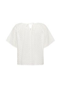 Blusa bianca in tessuto leggero e strutturato con motivo a quadri, maniche a campana corte e chiusura con fiocco sul retro del collo.