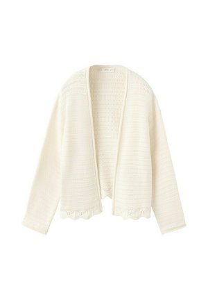 Cardigan tricoté couleur crème avec devant ouvert, manches longues et bordure festonnée.