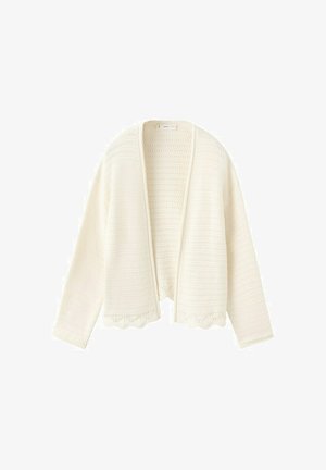 Krémovo sfarbený pletený kardigán s otvoreným predným dielom, dlhými rukávmi a lemom s vlnitým vzorom.