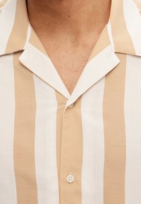 Camicetta con colletto a maniche corte caratterizzata da strisce verticali alternate beige e bianche, realizzata in tessuto leggero con chiusura a bottoni.