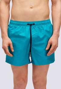 Pantaloni da bagno blu con elastico in vita e cordoncino, tessuto leggero e taglio classico sopra il ginocchio.